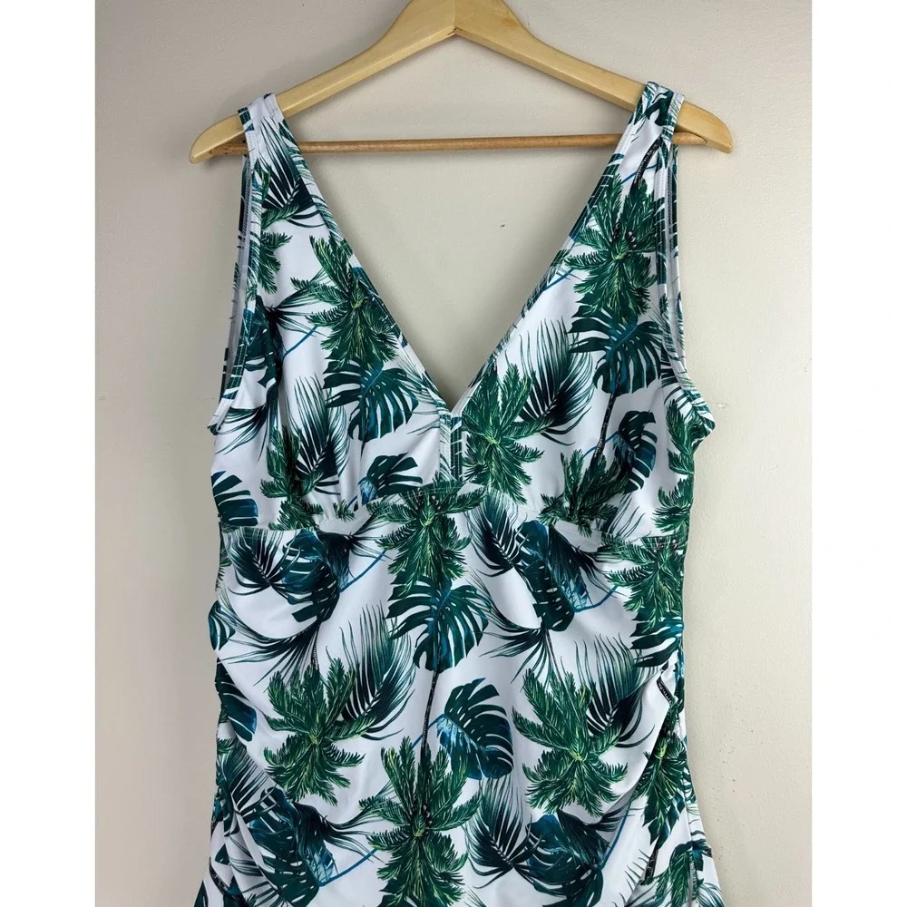 COCOPEAR Women's Tropical Palm Leaf Swim Dress Green White One Piece Size 3XL